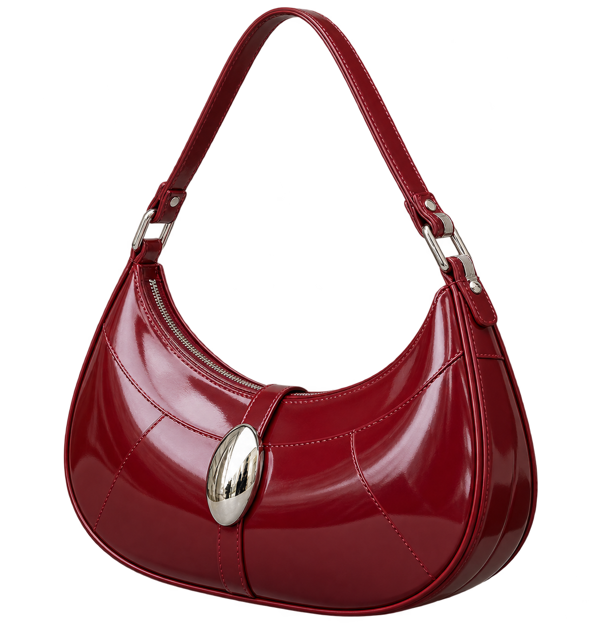 Left-facing product view of the oxblood crescent bag with its silver oval clasp and matching strap